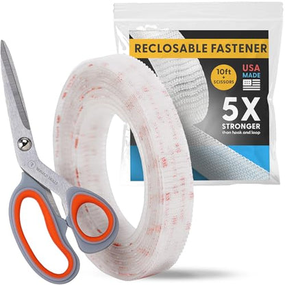Industrial Strength - 10FT + Scissors Clear Indoor/Outdoor Adhesive Mounting Tape - Self Mating Reclosable Fastener Compatible with 3M SJ3550 / SJ3560 Dual Lock - size: 10 FT + SCISSORS, style: Clear