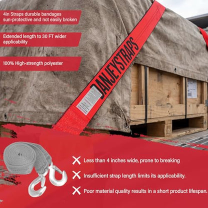 Red Winch Straps 4" x 30 FT - Heavy Duty Flat Hook Tie Downs with 18000lb Break Strength, 6000lb Safe Working Load for Recovery, Flatbed Trailers, Trucks & Farm Use - color: Red