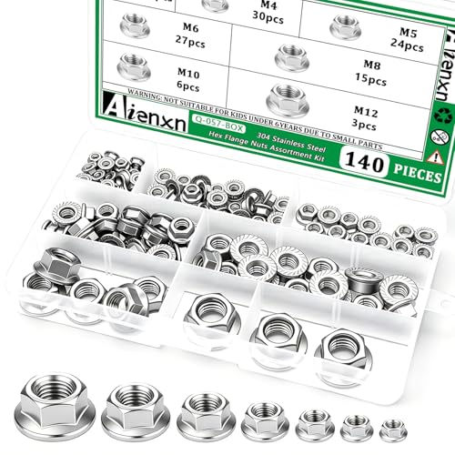 140PCS Hex Flange Nuts Assortment, 304 SS, 7 Metric Sizes M3-M12 - color: Silver, size: M3-M12 (140PCS)