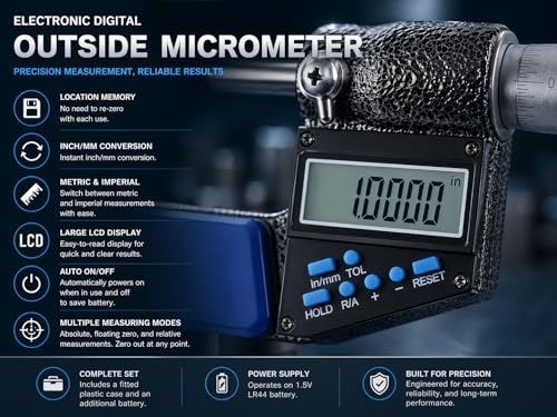 Accusize Industrial Tools 5-6''/125-150 mm 7 Keys Electronic Digital Outside Micrometers, 0.00005'' Or 0.001 mm Resolution, Ac21-6022 - size: 5-6" / 125-150 mm