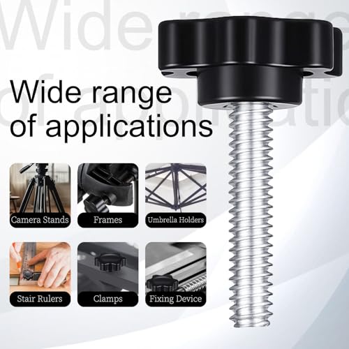 12 Pack 1/4-20 Black Star Knobs Star Hand Knob Threaded Knurled Thumb Nuts Thumb Screw Knobs with Bolts for Umbrella Base Replacement Female Threaded Hexagon Head Thru Knob