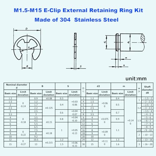 350PCS 14 Sizes Metric M1.5-15mm External E-Clip Retaining Ring Kit