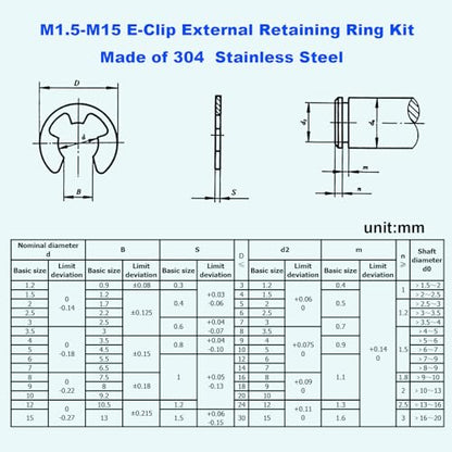 350PCS 14 Sizes Metric M1.5-15mm External E-Clip Retaining Ring Kit