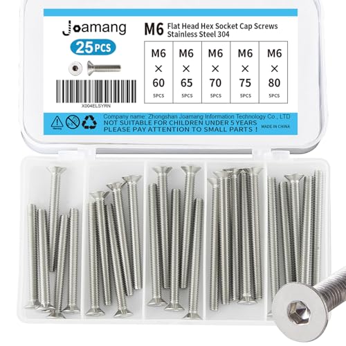 M6 x 60mm 65mm 70mm 75mm 80mm Flat Head Hex Socket Cap Screws Countersunk Bolts, Stainless Steel 304, Metric Allen Drive, Bright Finish, Fully Threaded, Assortment Kit 25PCS - size: M6x60/65/70/75/80mm