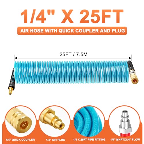 GASHER 1/4" x 25FT Reinforced Polyurethane Recoil Air Hose with Bend Restrictor, Air Hose kit With 360°Swivel 1/4" NPT Coupler, Industrial Quick Coupler and Plug - color: Blue 25FT, size: 1/4（I/M)