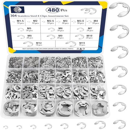 ZQZ E Clips Assortment Kit (M1.5-M15), 480 Pcs External Retaining Rings Set - color: Silver, size: Stainless Steel 480pcs E-clips