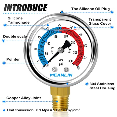 MEANLIN MEASURE 1/4" NPT 0-50psi Pressure Gauge, 2" Dial Glycerine Filled Pool Filter, 304 Stainless Steel Housing, Lower Mount, with 1/2" NPT and 3/8" NPT Hex Bushing - size: 0-50Psi/0-350Kpa, style: Lower Mount
