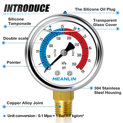 MEANLIN MEASURE 1/4" NPT 0-50psi Pressure Gauge, 2" Dial Glycerine Filled Pool Filter, 304 Stainless Steel Housing, Lower Mount, with 1/2" NPT and 3/8" NPT Hex Bushing - size: 0-50Psi/0-350Kpa, style: Lower Mount