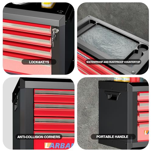 LARBANKE 4-Drawer Tool Chest with Lock,Portable Tool Box with Handle - color: Red, size: 4 drawer tool chest