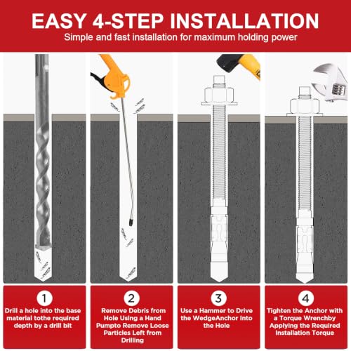 1/4" x 2-1/4" Expansion Anchor Bolts for Concrete, Zinc Wedge Anchors for Structural Masonry Applications, Heavy Duty Fasteners, 10 Pack - size: 1/4" x 2-1/4"