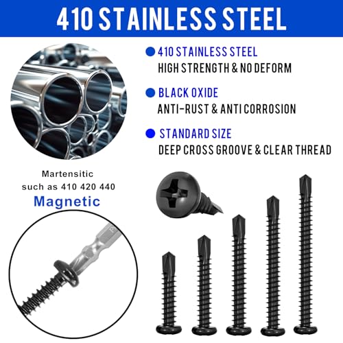 100Pcs Black High-Strength Quick Self Tapping Screws for Metal, 410 Stainless Steel, #8 x 1 Phillips Drive Pan Head Self Drilling Deck Screws, Sheet Metal Screws with 1 Pc Bits for Free - size: 100pcs #8 x 1", style: Pan Head