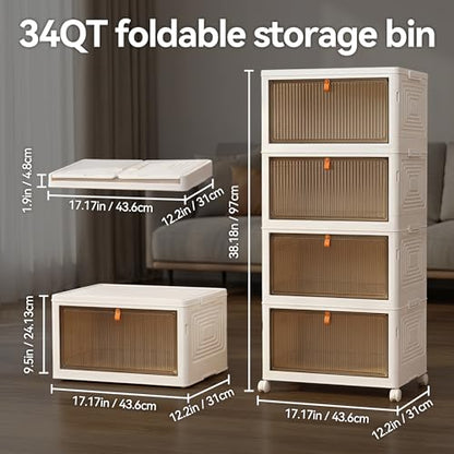 LDQ 136Qt Large Storage Bins with Lids, 4 Tier Stackable Storage Cabinet with Wheels & Clear Doors, Foldable Plastic Closet Organizer for Bedroom, Bathroom & Kitchen - size: 4 layers