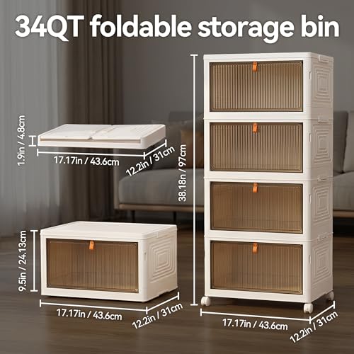 LDQ 136Qt Large Storage Bins with Lids, 4 Tier Stackable Storage Cabinet with Wheels & Clear Doors, Foldable Plastic Closet Organizer for Bedroom, Bathroom & Kitchen - size: 4 layers