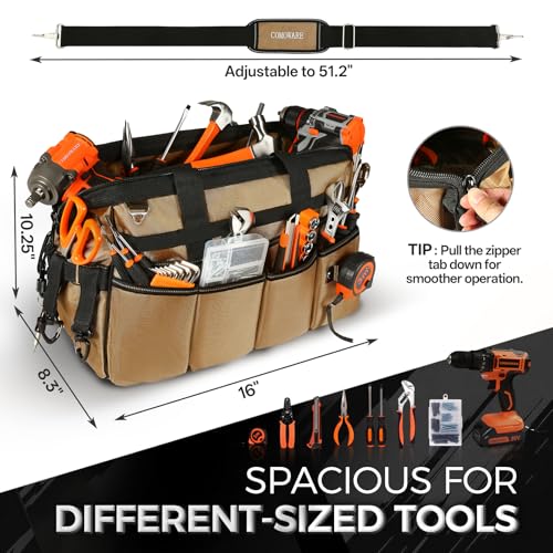 COMOWARE 19-Pocket Tool Bag, Gift for Dad, 16“ Heavy Duty Tool Organizer with Adjustable 51.2" Shoulder Strap, 1680D Oxford Fabric & PVC Coating, Reflective Strips, Tactical Loops, Mechanics - color: Khaki