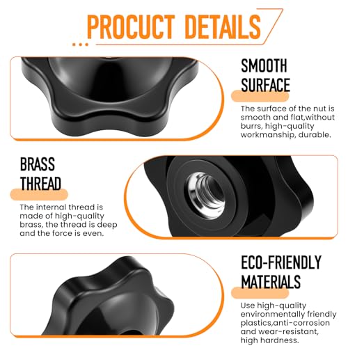 Aifeier ET 16 Pcs 1/4"-20 Inch Knob | Black Nylon Screw-On Type Thru Threaded Nuts | 6-Star Shape Hand Tighten Clamping Knobs (0.25"/6.35mm) - size: 16 pcs 1/4"-20