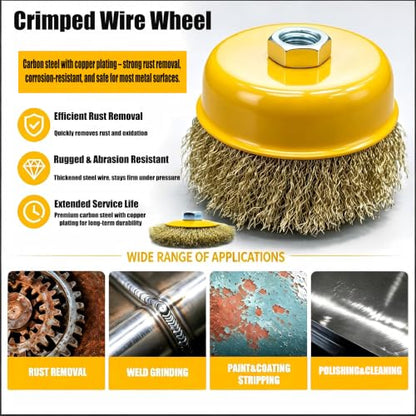 2 Pack 4 Inch Crimped Wire Cup Brush, Brass Coated Steel Wire Wheel
