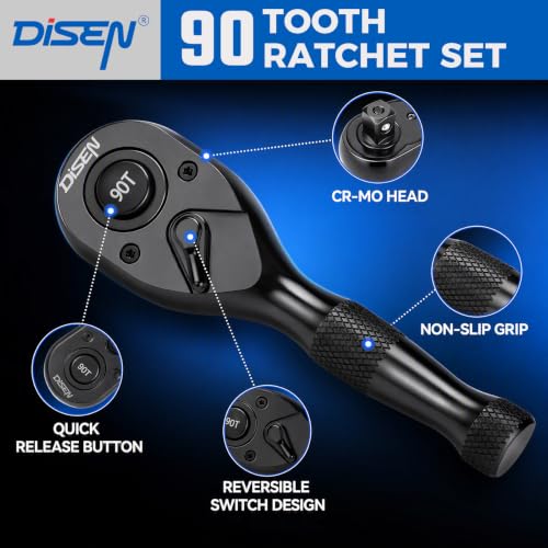 DISEN 3PCS Stubby Ratchet Set 1/2", 3/8", 1/4" Drive Socket Wrench, Black - size: 3PC Black Stubby Ratchet Set