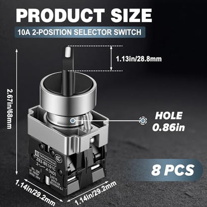 Xuhal 8 Pcs 22mm 2 Position Spst Rotary Selector Switch Self-Locking On/Off - style: 2 Position