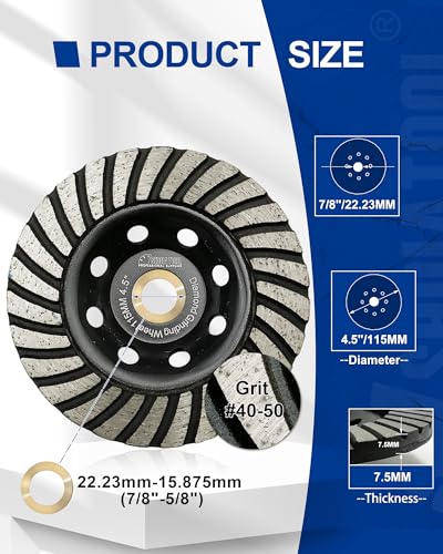 SHDIATOOL 4-1/2 Inch Turbo Row Diamond Grinding Cup Wheel for Concrete Granite Marble Masonry Brick Fits 7/8 Inch-5/8 Arbor Grit40/50 - size: 4.5 Inch, style: Turbo Rows