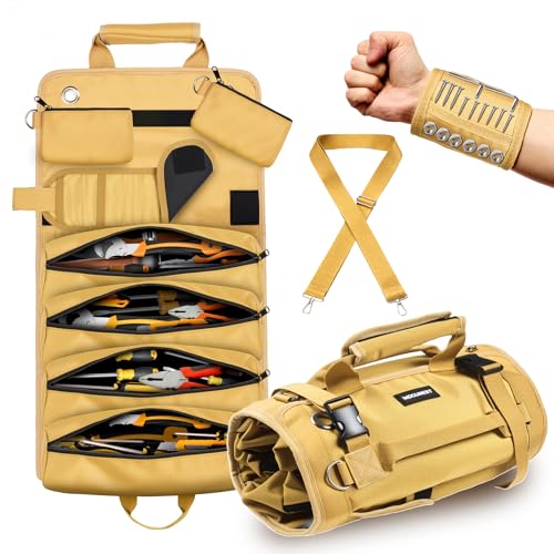 Tool Bag Roll Up Large Heavy Duty, Waterproof Oxford Fabric Tool Storage Organizer with Shoulder Strap Detachable Magnetic Wristband, Foldable Carrying Toolbag for Car Mechanic And Electrician(Khaki) - color: Khaki