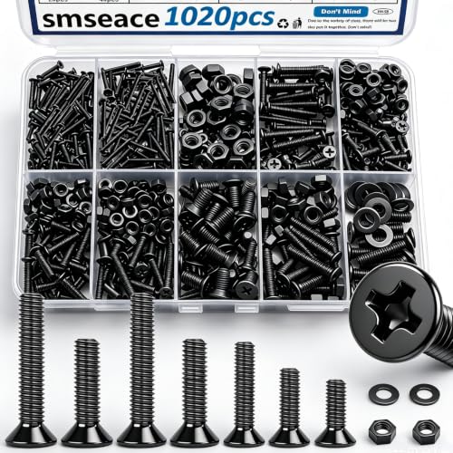 smseace 1020Pcs Black Nuts and Bolts Assortment Kit 21-Sizes M2/M3/M4/M5 Phillips Flat Head Machine Screws Nut Bolt Washer Assortment Kit for Machinery, Furniture, Automotive, Motorcycle Repairs - color: Black, size: 1020Pcs M2-M5
