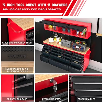 LARBANKE 72" Rolling Tool Chest with 15 Drawers, 1.2" Thick Solid Wood Top - color: Red, size: 15 drawer tool chest and 3 upper cabinet
