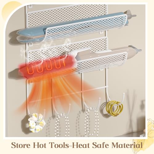Wall-Mounted Hair Dryer Holder Styling Tool Organizer 4-Shelf Storage Wire Basket with Hook Heat Safe Rack for Hair-Straighteners,Curling Wands,Flat Iron,Cabinet Door Bathroom Kitchen White - color: WHITE-1 Basket & 3 Shelf
