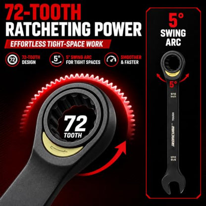 ironcube 12-Piece Ratcheting Wrench Set: SAE 1/4" to 3/4" - 72-Tooth - Tough Black - Chrome Vanadium Steel - with Organizer - size: 12 Piece SAE