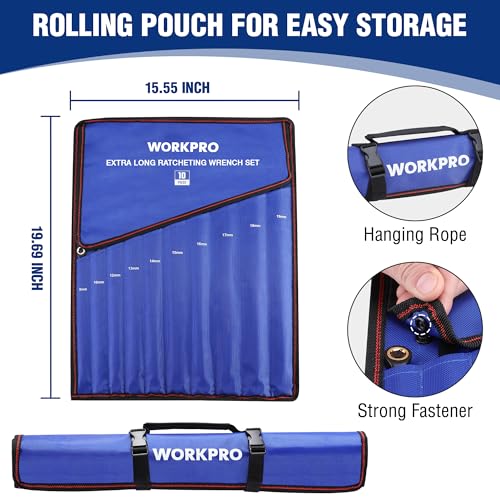 WORKPRO Extra Long Ratcheting Wrench Set, 10-Piece Anti-Slip Double Box Wrenches Set, Metric 8-19 mm, 72-Teeth, Cr-V Steel and Black Electrophoretic Coating Wrenches with Rolling Pouch - size: Metric