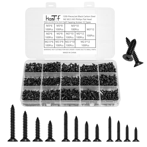 1200Pcs Black Tiny Self Tapping Screws for Wood, Plastic and Soft Metal. Phillips Flat Head M2 M2.5 M3 Small Countersunk Tapper Screws Set for DIY Micro Woodworking Furniture Box. Carbon Steel - style: 1200Pcs Flat Head Wood Screws