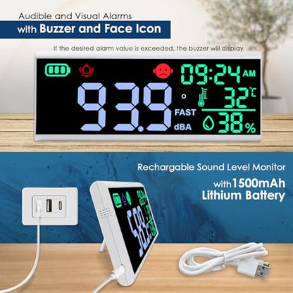 13 Inch Decibel Meter - Wall Hanging Sound Level Meter with Large LED Display, Noise, Temperature, Humidity, Time Monitor for Classroom