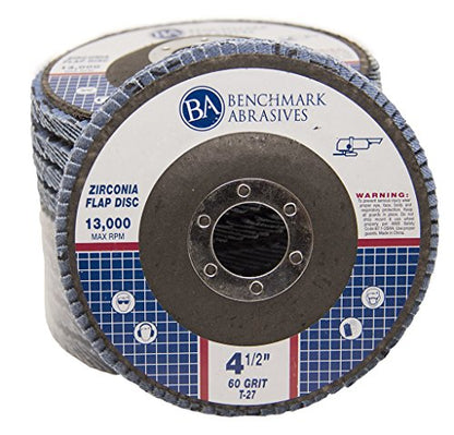 Benchmark Abrasives 4.5" Premium Zirconia Type 27 Flap Discs Grinding Wheels for Sanding Stock Rust Removal Finishing Grinding Deburring Stainless Steel, 7/8" Arbor (10 Pack) - 60 Grit - style: 60 Grit