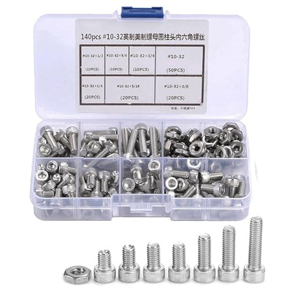 140PCS #10-32 Screws Assortment Kit, 5/16 1/4 5/8 3/8 3/4 1/2 Hex Socket Head Bolts, Nuts & Washers Assorted Set, Hex Socket Head Cap Screws Bolts Nuts Washer Kit, 304 Stainless Steel