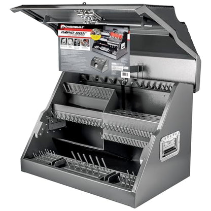 Powerbuilt 26 Inch Portable Slant Front Rapid Toolbox Tiered Tool Holders, 16 Gauge Steel, Weather-Resistant Lockable Magnetic Lid, Grey - 240102 - style: Hand Tool