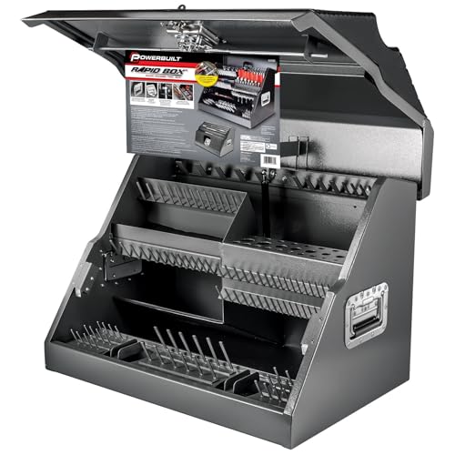 Powerbuilt 26 Inch Portable Slant Front Rapid Toolbox Tiered Tool Holders, 16 Gauge Steel, Weather-Resistant Lockable Magnetic Lid, Grey - 240102 - style: Hand Tool