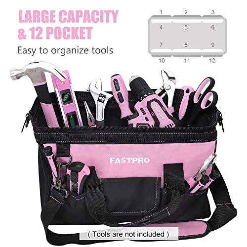 FASTPRO 14-Inch Pink Tool Bag, Wide Mouth Open Storage Bag - size: 14-inch