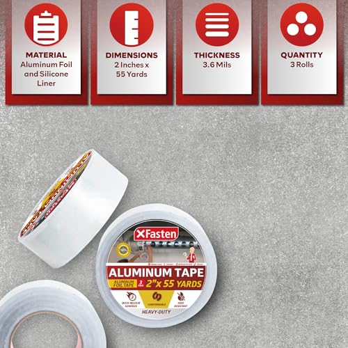 XFasten Aluminum Foil Tape for Ductwork 2 Inches x 165 Feet (3-Pack, 495 Feet) 3.6mil Aluminum Tape for Ductwork Heavy Duty Dryer Vent Tape Foil and Seal HVAC Tape for Ducts, High Temp HVAC Duct Tape - size: 2 Inch x 55-Yards 3-Pack (495 Feet)