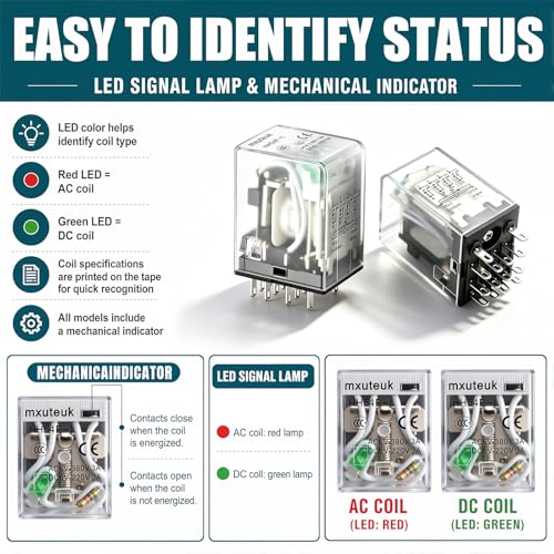 mxuteuk 2pcs HH54P AC 110V/120V Coil 14 Pin 3A 4PDT LED Indicator Electromagnetic Power Relay, with Base, with DIN Rail Slotted Aluminum - color: Black-14Pin-3A&Base, size: AC 110V