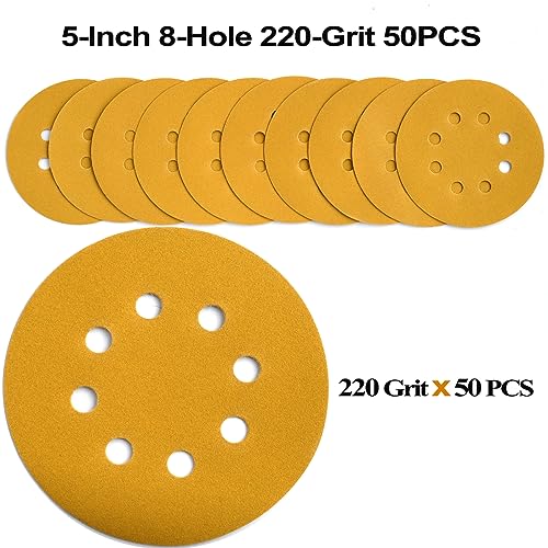 5-Inch 8-Hole Hook and Loop Sanding Discs 220-Grit, 50-Pack