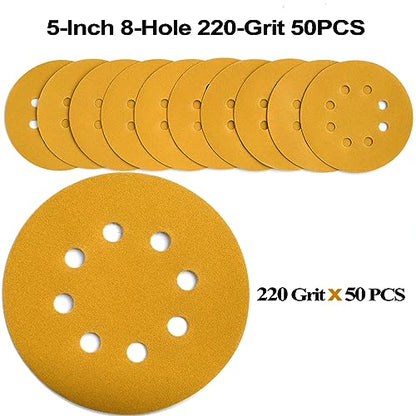 5-Inch 8-Hole Hook and Loop Sanding Discs 220-Grit, 50-Pack