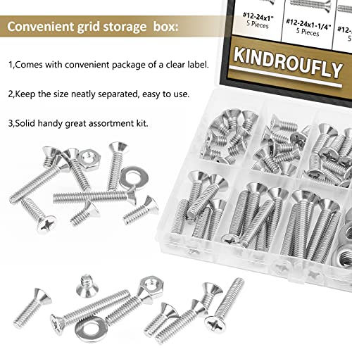 104 Pieces #12-24x 3/8", 1/2", 5/8", 3/4", 7/8", 1", 1-1/4", 1-1/2",Phillips Countersunk Head Machine Screws Nuts Washers Assortment Kit, 304 Stainless Steel, Fully Machine Thread - size: #12-24