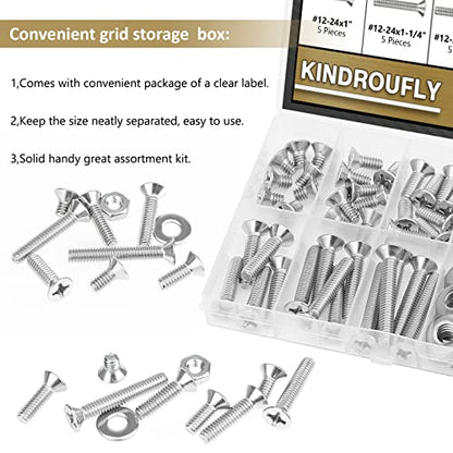 104 Pieces #12-24x 3/8", 1/2", 5/8", 3/4", 7/8", 1", 1-1/4", 1-1/2",Phillips Countersunk Head Machine Screws Nuts Washers Assortment Kit, 304 Stainless Steel, Fully Machine Thread - size: #12-24