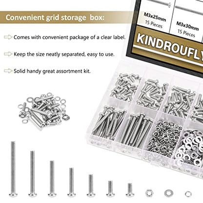 542 Pieces M3 x 6/8 /12/16 /20/25 /30mm Phillips Pan Head Machine Screws Nuts Washers Assortment Kit, 304 Stainless Steel, Fully Machine Thread - size: M3, style: Phillips Pan Head