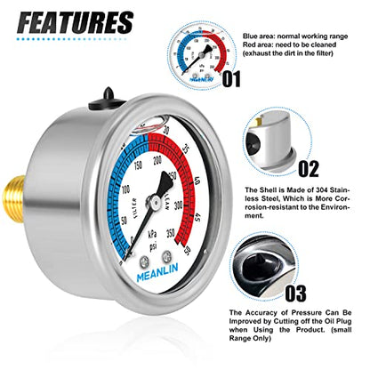 MEANLIN MEASURE 1/4" NPT 0-50psi Pressure Gauge, 2" Dial Glycerine Filled Pool Filter, 304 Stainless Steel Housing, Back Mount, with 1/2" NPT and 3/8" NPT Hex Bushing - size: 0-50Psi/0-350Kpa, style: Center Back Mount