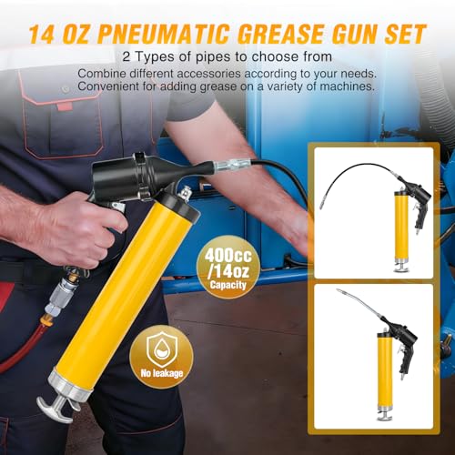 GOOACC Pneumatic Grease Gun 6000 PSI 14oz Heavy Duty Air Operated Grease Gun Kit with 18" Spring Flex Hose Rigid Pipe Coupler Pistol Grip Grease Guns for Automotive Farm Industrial Marine, Yellow 6PCS - size: Pneumatic 14oz Yellow 6PCS