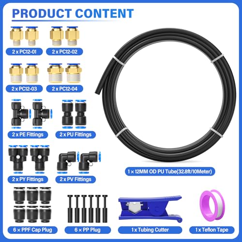 TAILONZ PNEUMATIC Black 12MM Inch OD 10 Meter 32.8ft PU Polyurethane Air Tubing Kit Pipe Hose Air Line Tubing Air Hose Fittings Push to Connect Fittings(31PCS) - color: Black, size: 15/32" OD - 32.8 FT