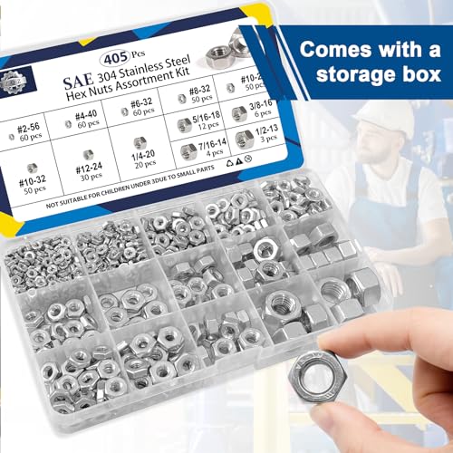 ZQZ 405 Pcs SAE Hex Nuts Assortment Kit Stainless Steel (#2-1/2) Nut Set - size: SAE Hex Nuts Assortment;405 PCS