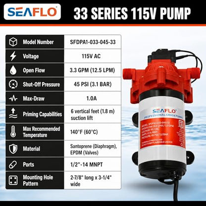 SEAFLO 33 Series 110V/115V AC Fresh Water Pump, 3.3 GPM 45 PSI Self-Priming Pressure Pump with Smart Pressure Switch, Automatic Demand Pump for RV, Caravan Marine Boat Industrial Use, 4-Year Warranty - style: 3.3 GPM | 115V