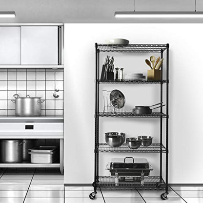 UltraDurable 5-Tier NSF Steel Wire Shelving, 36"W x 18"D x 75"H, Black - color: Black, size: 5-Tier Shelving, 36" W x 18" D