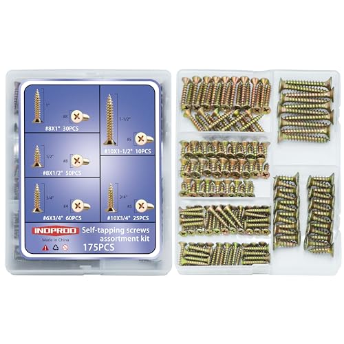 Wood Screws Assortment Kit, 175Pcs, #6#8#10 Self Tapping Screws, Yellow Zinc Plated, Flat Head Phillips Screws Set, Assorted Screws, Screw Assortment, Length 1/2, 3/4, 1, 1-1/2 Inch, Gold - size: #6#8#10 Screws Kit (1/2"-1-1/2")